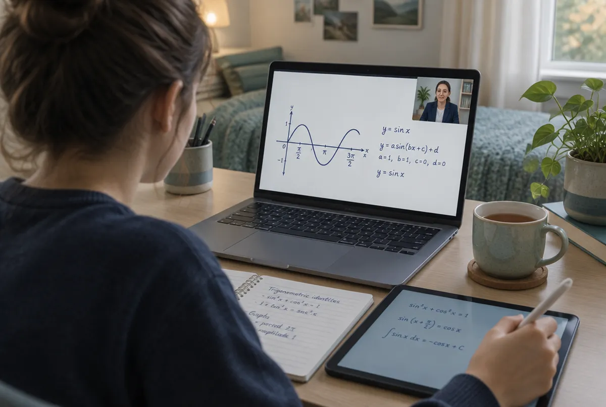 A student taking an online lesson with a shared whiteboard on a laptop